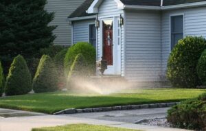 Automatic Sprinkler on the Front Lawn of a House