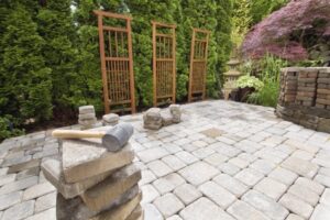 Stone patio in the backyard