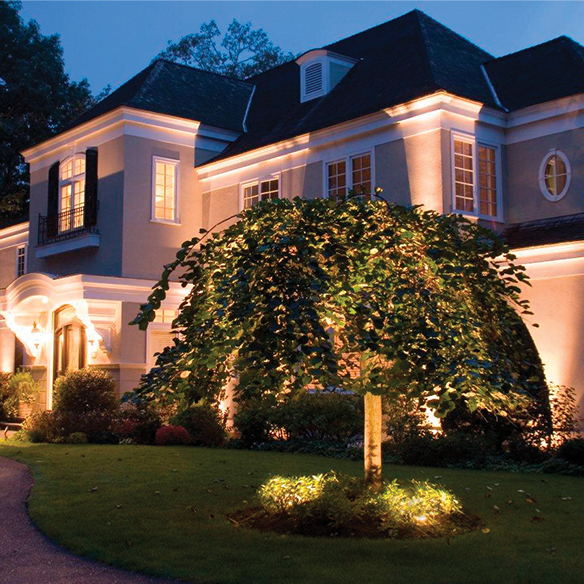 Two story home with elegant up-lighting illuminating the exterior