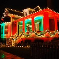 Christmas decorations and lights on house
