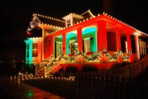 Christmas decorations and lights on house