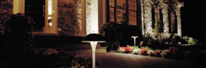 Landscape lighting illuminating a flower-lined walkway and home exterior at night.