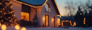 Classic american suburban house decorated with christmas lights during a cold winter evening