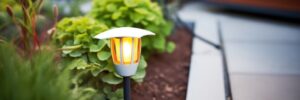 outdoor solar garden lights along a pathway, created with generative ai