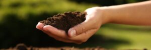 Woman holding pile of soil outdoors, closeup