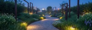 the illuminated pathway leads through lush greenery and architectural elements under a twilight sky